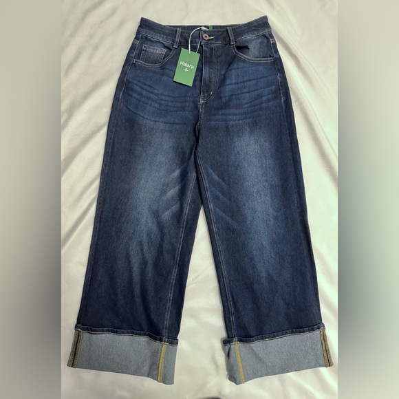 HALARA Flex High Waisted Rolled Hem Wide Leg Jeans In Distressed Denim Dark NWT - Picture 6 of 7